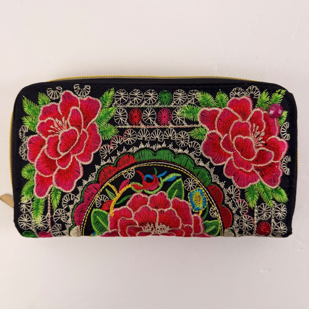 Embroidered Floral Zip Around Wallet Boho Folk Art Clutch Black Pink Green